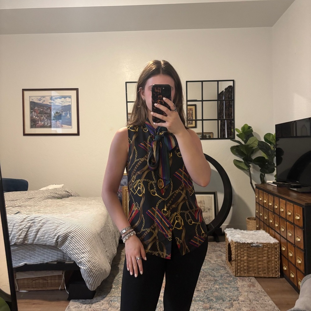 Lauren Ralph Lauren silk tie neck sleeveless blouse horsebit pattern
